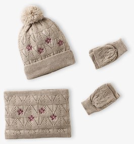 Conjunto bordado  gorro + gola snood + luvas/mitenes de malha com renda. para menina  bege-dourado