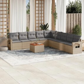 vidaXL 10 pcs conj. sofás jardim c/ almofadões vime PE bege misturado