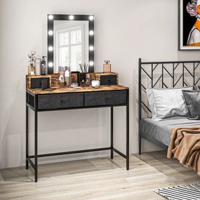 Toucador com espelho LED ajustável integrado 90 x 40 x 148 cm base em metal preto - 4 gavetas forradas a tecido castanho rústico