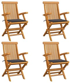 vidaXL Cadeiras de jardim c/ almofadões antracite 4 pcs teca maciça