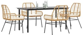 Conjunto jantar jardim 5 peças almofadas vidro vime PE castanho
