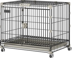 Gaiola dobrável para cães, tabuleiro removível, rodas com travões, teto abrível com fecho de segurança, 60,5 x 45,5 x 54,5 cm, preta