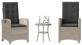 vidaXL 3 pcs conjunto bistrô com almofadões vime PE cinzento claro
