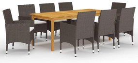 9 pcs conjunto de jantar para jardim com almofadões castanho