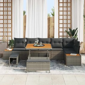 Conjunto de Sofá de Jardim 9 Peças com Almofadas Cinza Poliéster e Acá