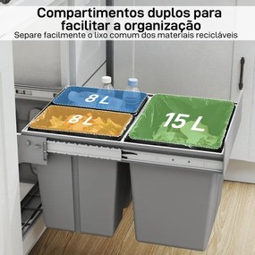 Balde de Lixo Embutido com 3 Recipientes Removíveis Capacidade Total 31L (15L+8Lx2) 48x34,3x35,1 cm Cinzento Claro