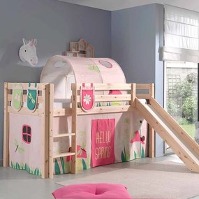 Conjunto Cama alta de Criança PINO 90 x 200 cm + estrado + escada + escorrega + cortina + túnel + bolsas de arrumação Primavera Natural