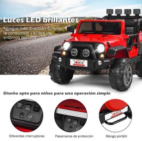 Carro elétrico para crianças a bateria 12V com 2 lugares e controlo remoto 2.4G 3 velocidades Música Buzina Porta USB Luzes LED vermelho