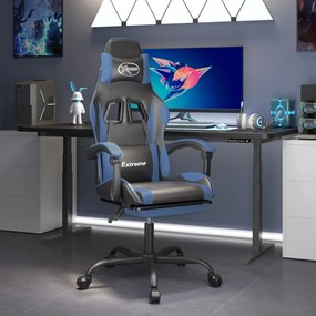 Cadeira gaming c/ apoio para pés couro artificial preto e azul
