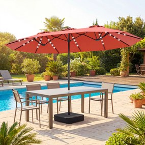 Guarda-sol duplo 460 x 285 cm com 48 luzes LED, 3 aberturas de ventilação, 12 varas, base e manivela para jardim, terraço e piscina – Laranja