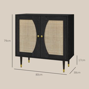 Aparador de cozinha com design boémio, duas portas e dois níveis, frente em rattan, 80 x 38 x 79 cm, preto