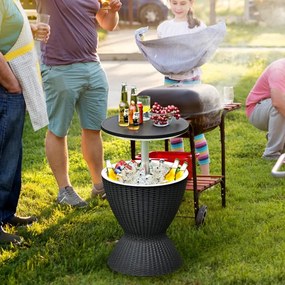 Geleira de jardim de 30 L Mesa de bar baixa de 30 L com tampo elevatório em imitação de rattan para vinho cerveja festa na piscina Preto Φ 48,5 x 57,5