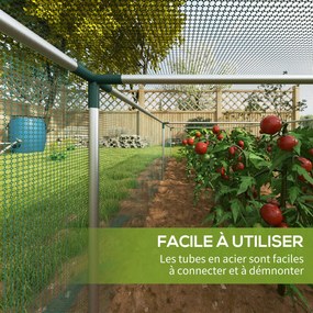 Estufa de jardim para tomates com rede de proteção e porta com fecho de correr enrolável em HDPE, 125 x 373 x 62,5 cm