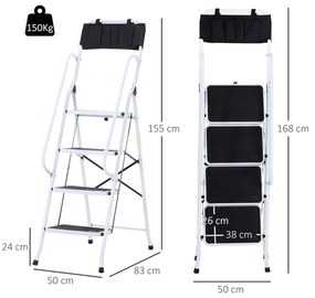 HOMCOM Escada Dobrável com 4 Degraus Escada de Metal com Apoio para os Braços e Suporte para Ferramentas Carga Máxima 150 kg 50x83x155 cm Branco e Preto