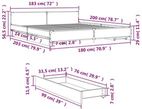 Estrutura de cama c/ gavetas 180x200 cm derivados madeira preto