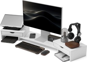 Suporte elevatório para monitor de computador de secretária, 60-116 C x 22 L x 12 A cm, com 2 gavetas, comprimento e ângulo ajustáveis branco