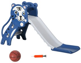 AIYAPLAY Escorrega para Crianças 2 em 1 com 2 Degraus Cesta de Basquetebol e Desenho de Tigre para Interior 133x60x70 cm Azul