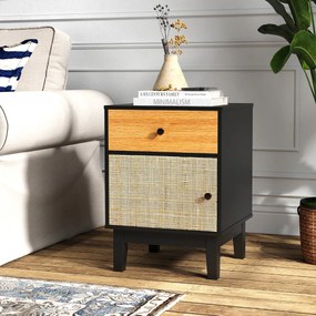 Mesa de cabeceira, Mesa de apoio de rattan moderna 40 x 39 x 55 cm com gaveta estilo Boho com pernas de madeira maciça Preto e Castanho