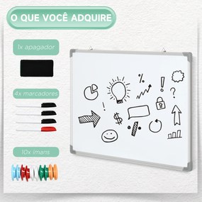 Quadro Magnético com Estrutura de Liga de Alumínio 90x60 cm Apagador 4 Marcadores e 10 Ímás para Escritório Casa Branco