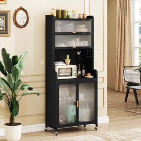 Armário de cozinha de 6 níveis com rodas 79 x 37 x 192 cm, pés fixos, portas transparentes e prateleira ajustável Preto