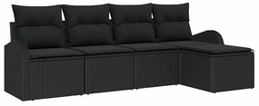 Conjunto de Sofá de Jardim de 5 Peças com Almofadas, Preto, Rattan, Po