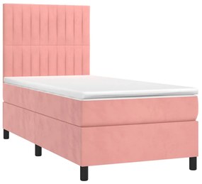 Cama box spring c/ colchão/LED 100x200 cm veludo rosa