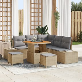 Conjunto de Sofás de Jardim de 8 peças com Almofadas em Vime PE Bege Acácia