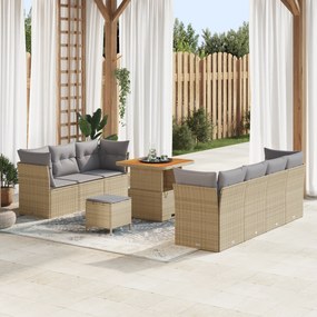 vidaXL Conjunto de Sofá de Jardim com 10 Peças e Almofadas em Poliéster Bege Rattan Acácia