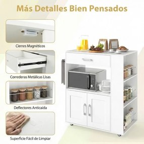 Carrinho de cozinha 75 x 46 x 90,5 cm com rodas bloqueáveis, cubo aberto dupla face, prateleiras laterais, gaveta, toalheiro branco