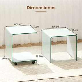 Mesa auxiliar em forma de C em vidro temperado 39,5 x 45 x 48 com prateleira de 2 níveis 4 rodas giratórias bloqueáveis Branco