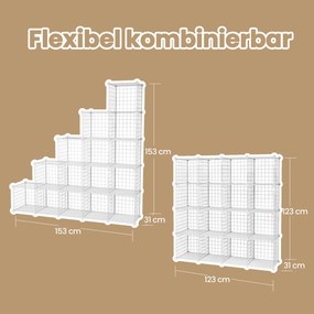 Sistema de prateleiras encaixáveis arrumação com 16 cubos de grelha 123 x 31 x 123 cm (L x P x A) branco