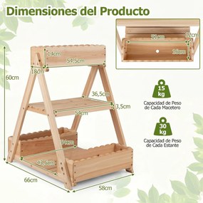 Floreira Elevada 66 x 58 x 60 cm em Madeira de Abeto com 3 Vasos, 2 Estantes e Sistema de Drenagem para Flores, Frutas e Jardim Natural