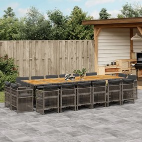 17 pcs conj. de jantar p/ jardim c/ almofadões vime PE cinzento