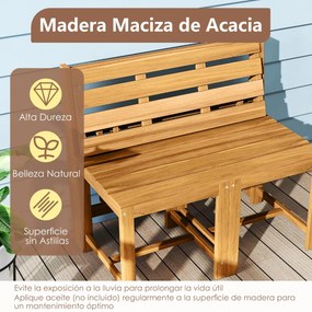 Banco de madeira de acácia 3 em 1, convertível em mesa e cadeiras + estante para plantas multifuncional para terraço e jardim, com um estilo natural
