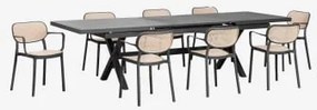 Conjunto De Mesa Retangular Extensível Karena 240-300x100 Cm E 8 Cadeiras De Jardim Empilháveis Com Apoios De Braços Omara Cinza Grafito - Sklum