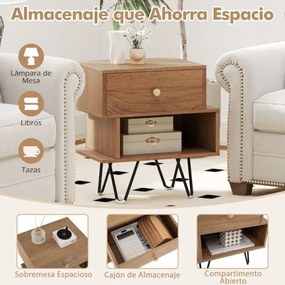 Conjunto de 2 mesas de cabeceira ou Mesas de apoio moderna com gaveta extraível e compartimento aberto natural
