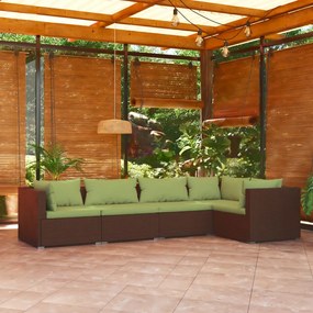 5 pcs conjunto lounge de jardim c/ almofadões vime PE castanho