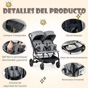 Carrinho de Bebé Duplo Gémeos Carrinho de Bebé Dobrável com Um Botão Portátil Reclinável Encosto Ajustável Toldo 0-3 Anos Cinzento
