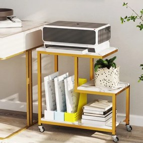 Mesa lateral sala, quarto de 3 níveis com prateleiras abertas e rodas bloqueáveis para sala de estar 59 x 30 x 61 cm Branco e Dourada