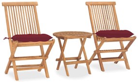 vidaXL 3 pcs conj. jantar dobrável exterior c/ almofadão teca maciça
