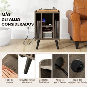Estante para gira-discos de vinil com 4 prateleiras abertas Tomada eléctrica e porta de carregamento USB Estante de exposição castanha vintage