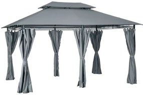 Pérgola de Jardim com Estrutura de Aço Teto Duplo 6 Cortinas Laterais 8 Orifícios de Drenagem 300x400x280 cm Cinza