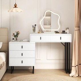 Toucador com espelho 120 x 40 x 124 cm e luzes 3 luzes ajustáveis 5 gavetas Bancada lateral Acabamento canelado e pernas metálicas Branco