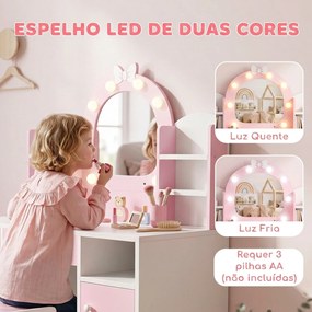 Penteadeira Infantil com Espelho LED 2 Cores, Banco, 2 Armários, Gaveta e Prateleiras, Rosa