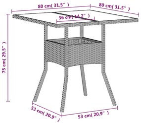 Mesa jardim c/ tampo de vidro 80x80x75 cm vime PE cinza-claro