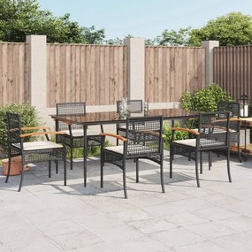 vidaXL 7 pcs conjunto de jantar p/ jardim c/ almofadões vime PE preto