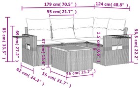 5 pcs conj. sofás jardim c/ almofadões vime PE bege misturado