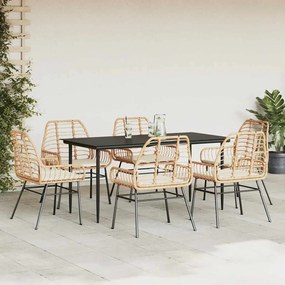 Conjunto jantar jardim 7 peças almofadas vidro vime PE castanho