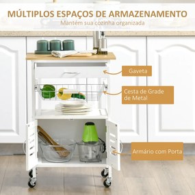 Carrinho de Cozinha com Rodas Carro de Armazenamento Multiúso com Bancada de Bambu Gaveta Cesta Metálica e Armário de 2 Portas de Persiana 58x37x83cm