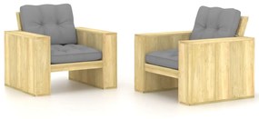 vidaXL Cadeiras jardim 2 pcs c/ almofadões cinzentos pinho impregnado